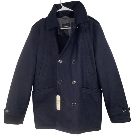 New Express Mens Navy Wool Pea Coat Double-Breasted M RR10270 Waterproof - Picture 1 of 12